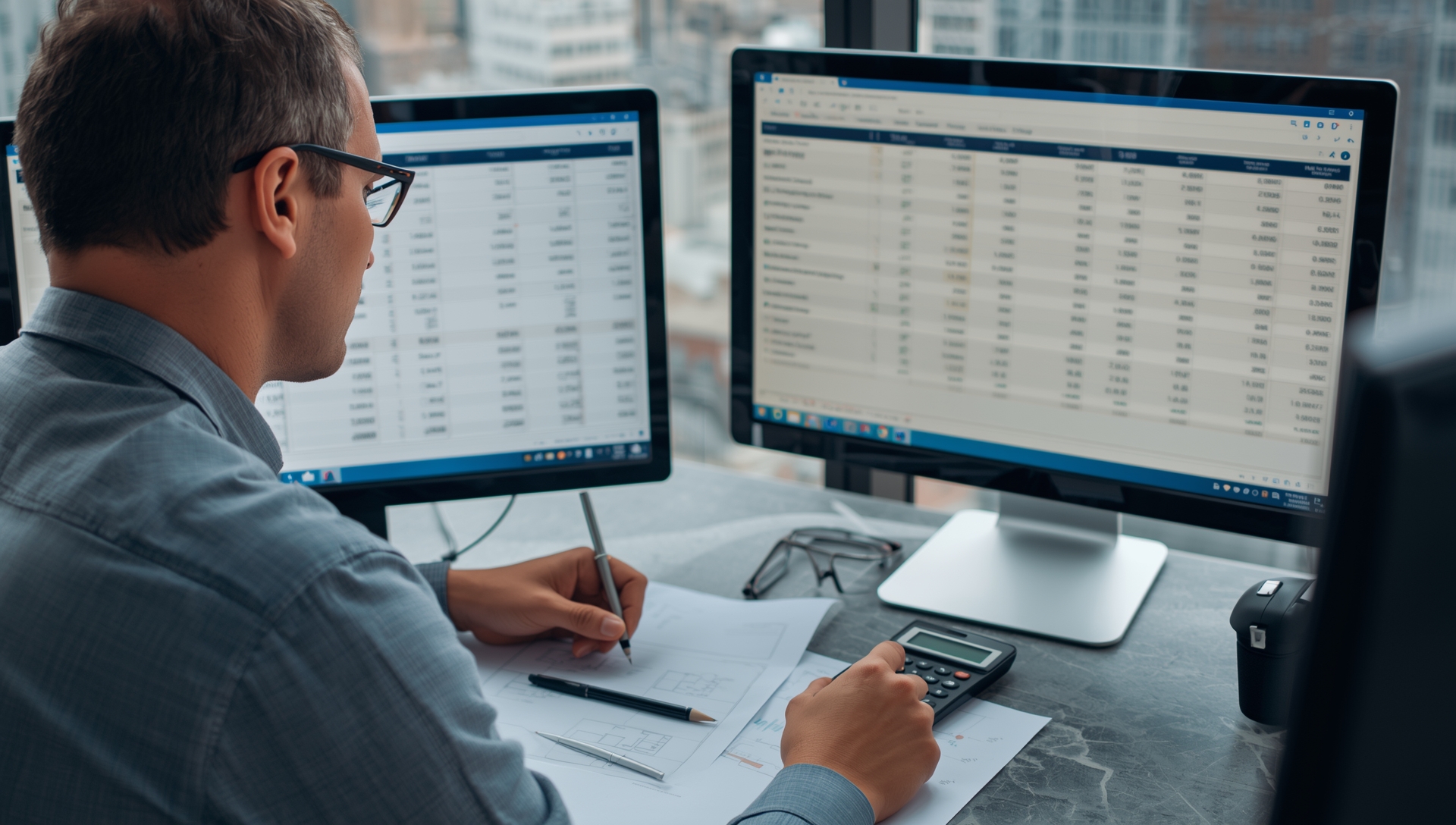Engineer reviewing construction cost estimates on dual monitors, using calculator and pen.
