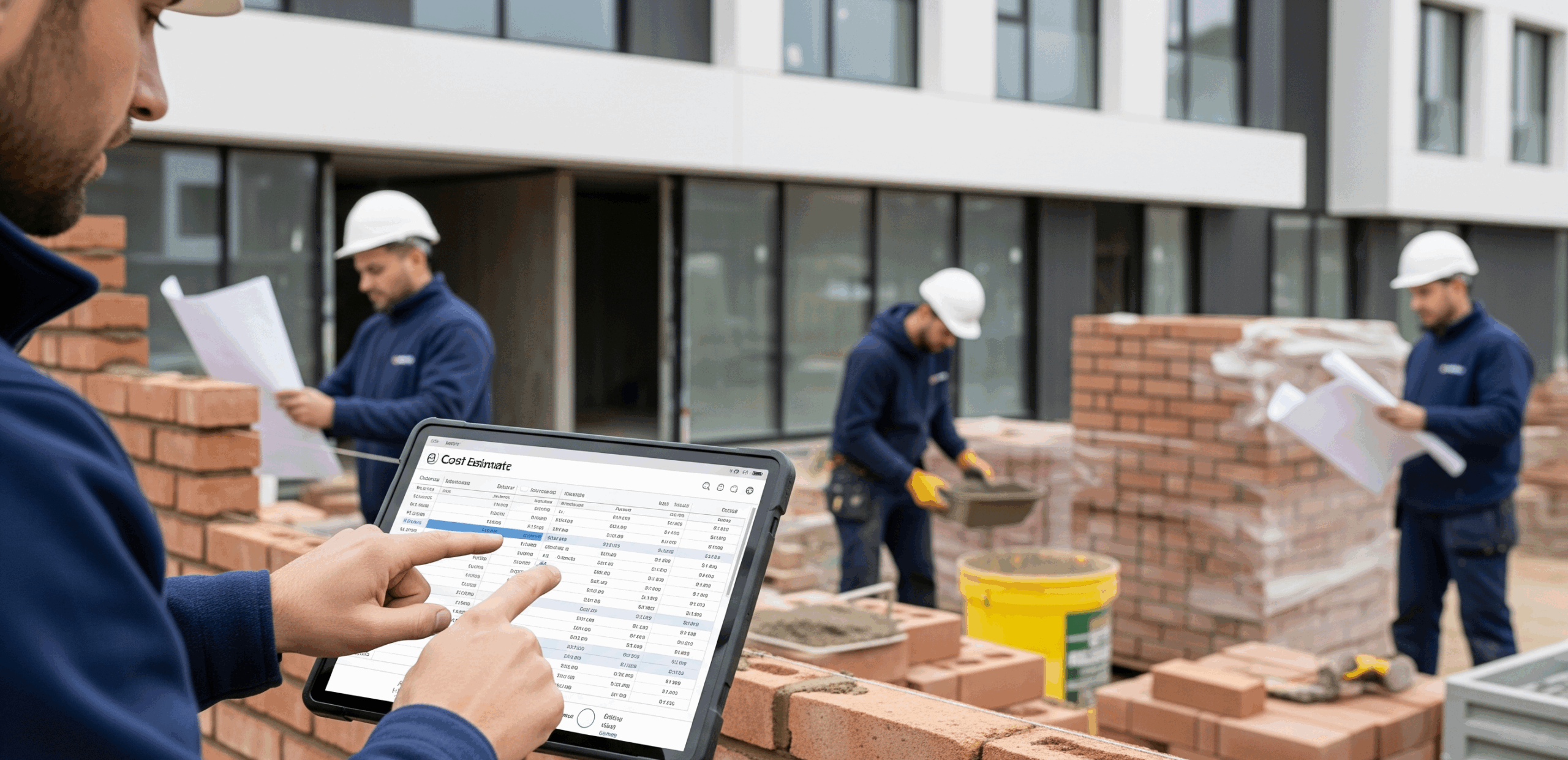 Construction workers reviewing progress on a tablet at a building site, surrounded by tools and materials.